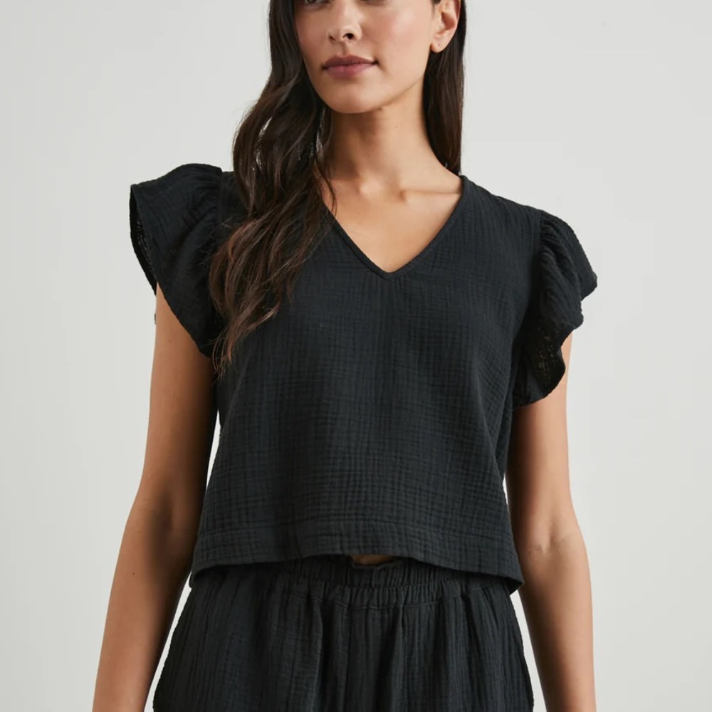 Rails Miley Top, Black Flutter Sleeve V-neck short sleeve, size large